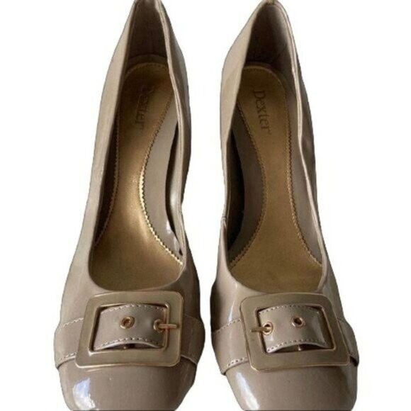 Dexter Classic Patent Taupe Pumps Chunky Block‎ Heels Accent Buckle Dress shoes - Picture 2 of 11